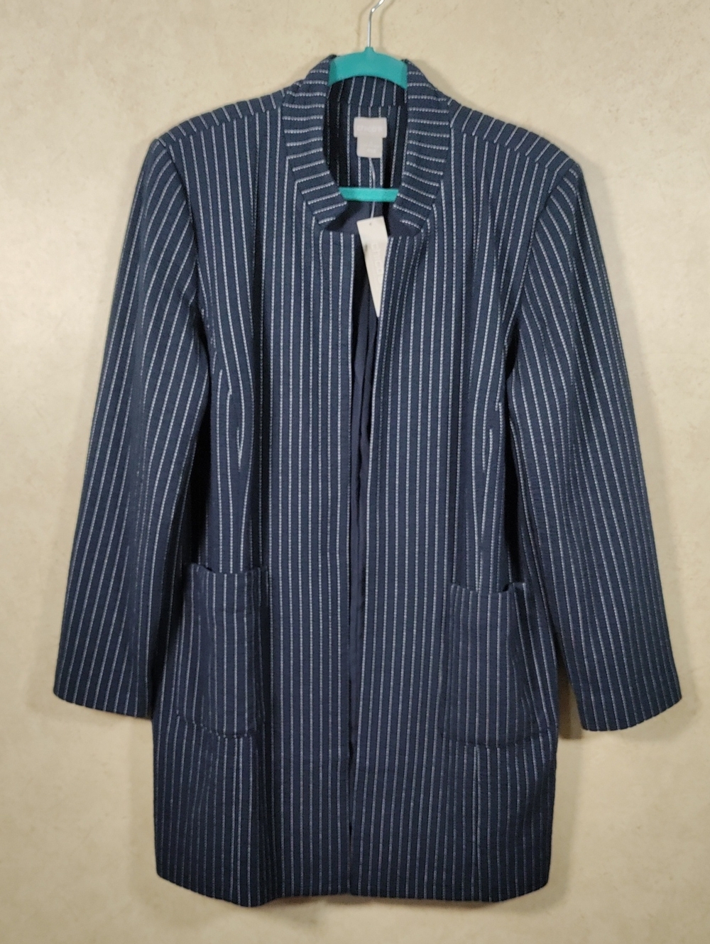 I136 Chico's Navy Stitched Long Line Boyfriend Blazer 3 16/18 NWT